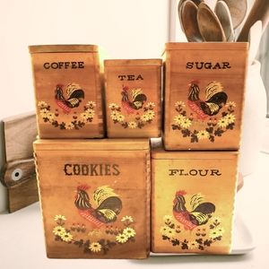 Vintage Farmhouse Rooster Rustic Wooden Canister Set Wood Art By Enterprise (5)